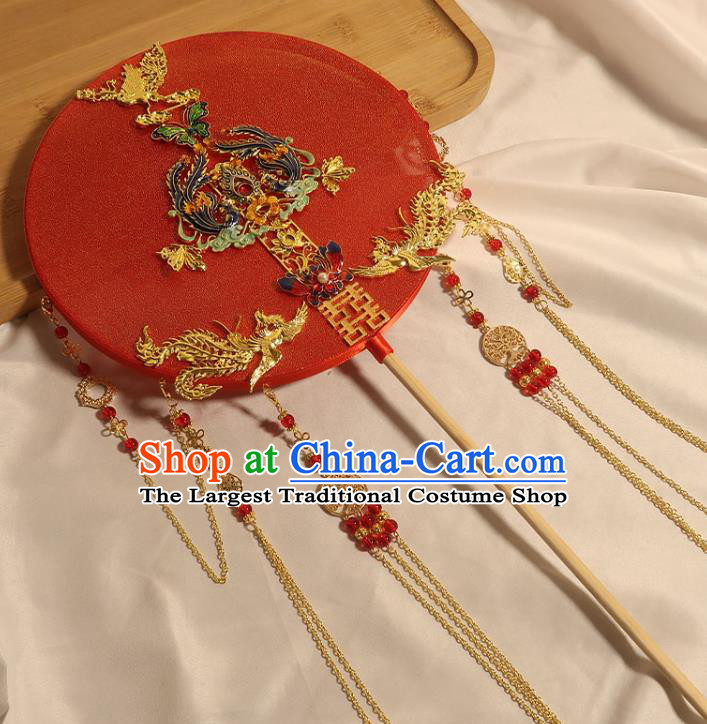 China Classical Dance Cloisonne Butterfly Circular Fan Handmade Bride Palace Fan Traditional Wedding Golden Phoenix Tassel Fan