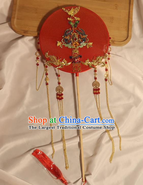 China Classical Dance Cloisonne Butterfly Circular Fan Handmade Bride Palace Fan Traditional Wedding Golden Phoenix Tassel Fan