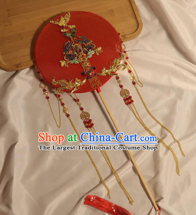 China Classical Dance Cloisonne Butterfly Circular Fan Handmade Bride Palace Fan Traditional Wedding Golden Phoenix Tassel Fan