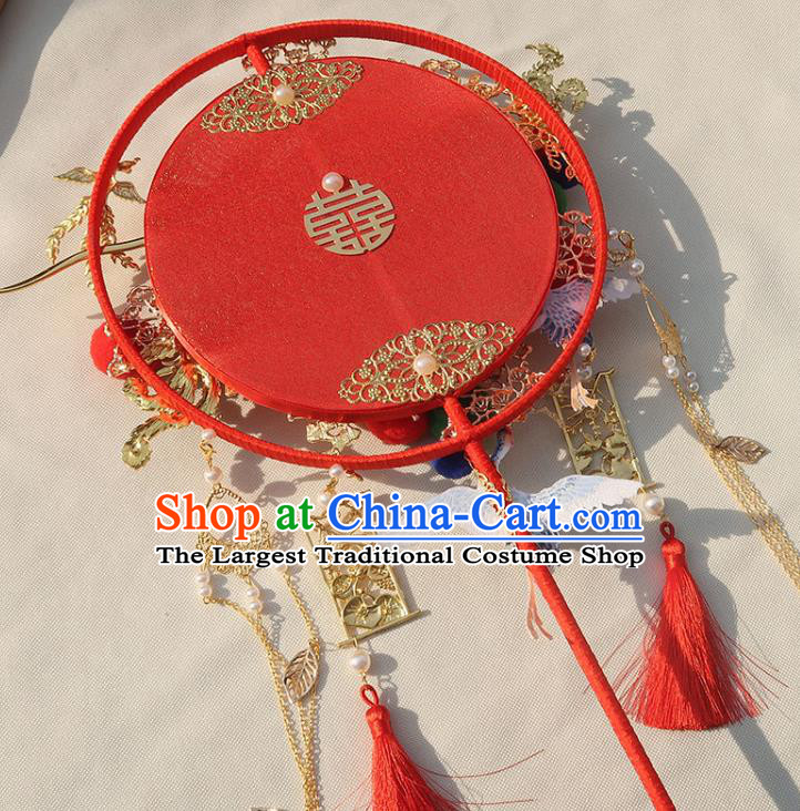 China Classical Dance Red Silk Fan Traditional Wedding Embroidered Crane Circular Fan Handmade Bride Golden Tassel Palace Fan