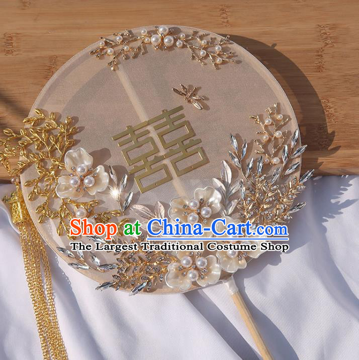 China Classical Dance Golden Lantern Tassel Silk Fan Handmade Bride Palace Fan Traditional Wedding Shell Flowers Circular Fan