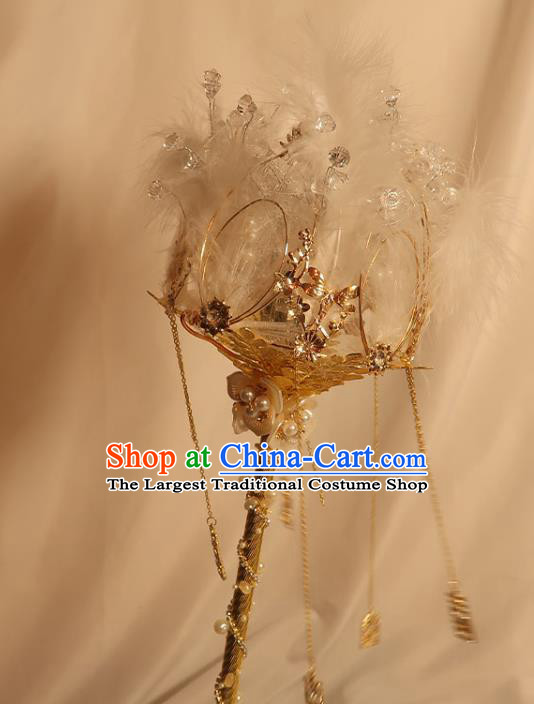 Handmade Queen Golden Sceptre Top Grade Wedding Bridal Bouquet Bride White Feather Cane