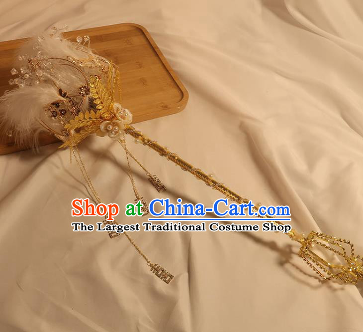 Handmade Queen Golden Sceptre Top Grade Wedding Bridal Bouquet Bride White Feather Cane
