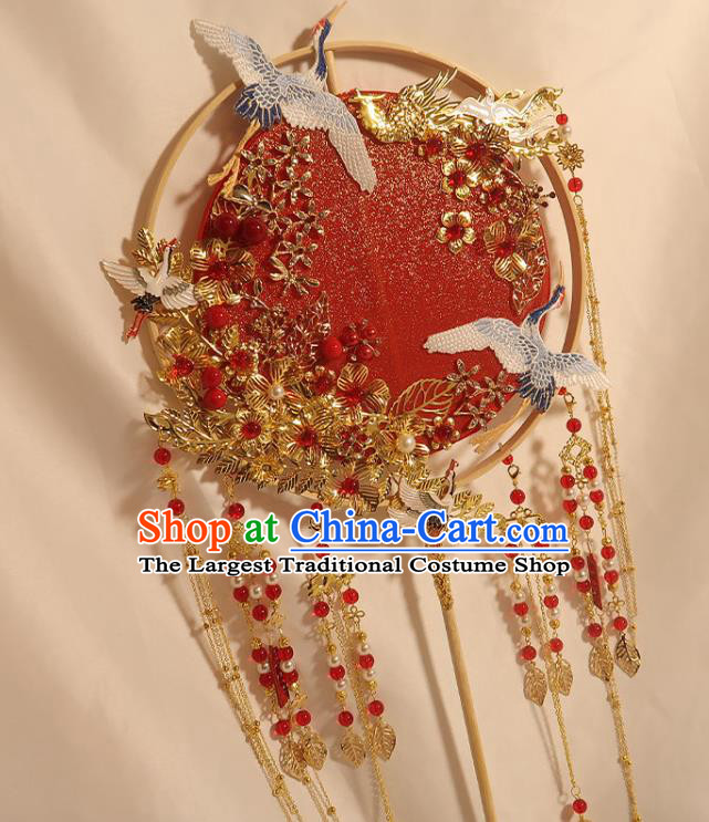 China Handmade Bride Red Beads Tassel Palace Fan Classical Dance Silk Fan Traditional Wedding Embroidered Crane Circular Fan