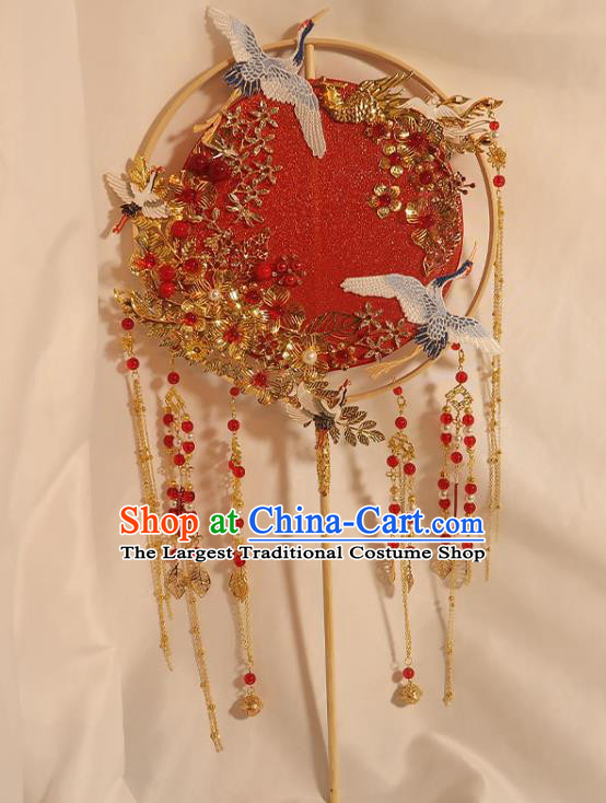 China Handmade Bride Red Beads Tassel Palace Fan Classical Dance Silk Fan Traditional Wedding Embroidered Crane Circular Fan