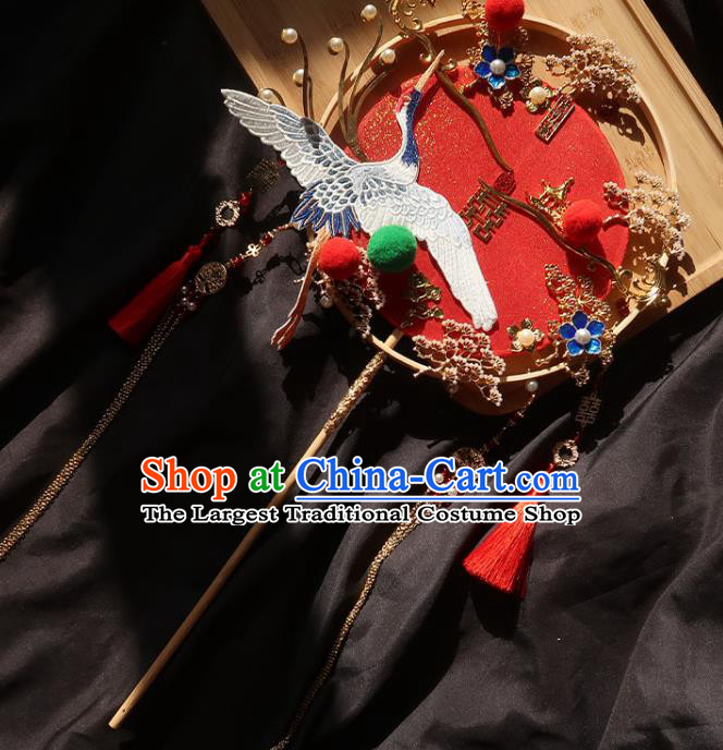 China Ancient Princess Embroidered Crane Circular Fan Traditional Wedding Palace Fan Handmade Hanfu Red Silk Fan