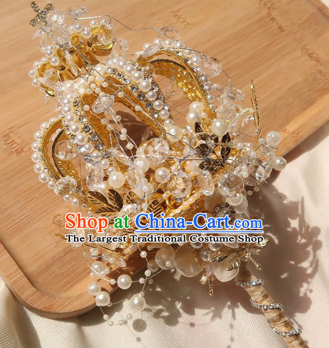Top Grade Baroque Queen Golden Royal Crown Sceptre Wedding Bridal Bouquet Handmade Bride Shell Flowers Cane