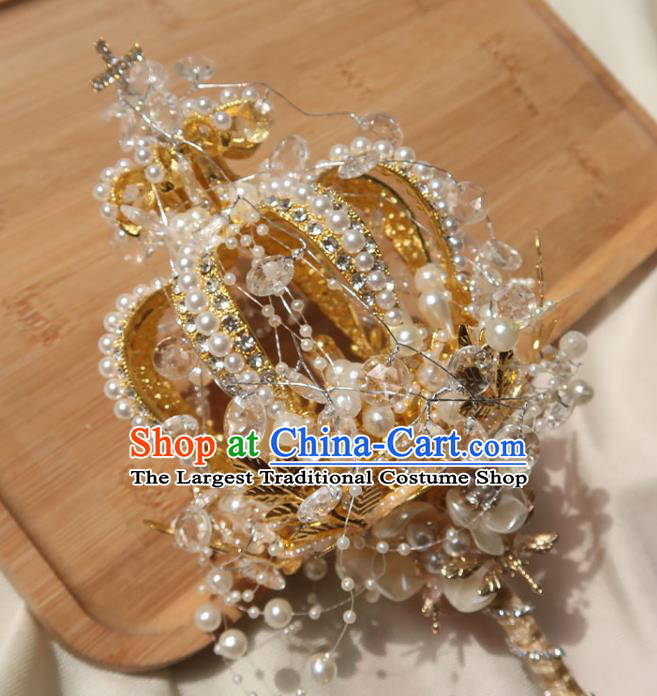 Top Grade Baroque Queen Golden Royal Crown Sceptre Wedding Bridal Bouquet Handmade Bride Shell Flowers Cane