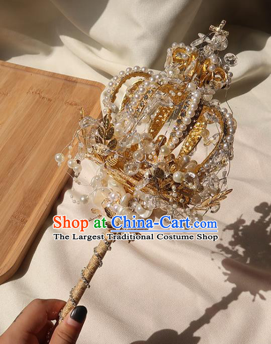 Top Grade Baroque Queen Golden Royal Crown Sceptre Wedding Bridal Bouquet Handmade Bride Shell Flowers Cane