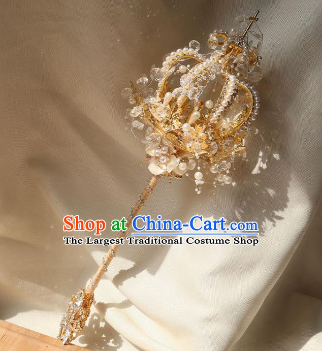 Top Grade Baroque Queen Golden Royal Crown Sceptre Wedding Bridal Bouquet Handmade Bride Shell Flowers Cane