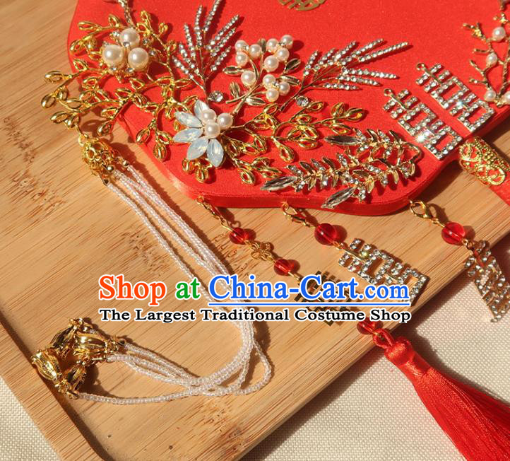 China Ancient Princess Crystal Flowers Fan Handmade Hanfu Red Silk Fan Traditional Wedding Palace Fan