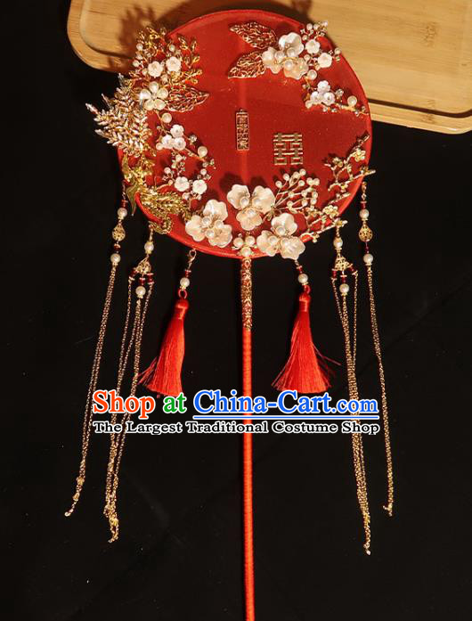 China Traditional Wedding Silk Fan Classical Dance Red Tassel Circular Fan Handmade Bride Shell Plum Palace Fan