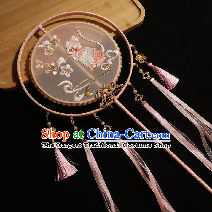 China Traditional Wedding Pink Silk Fan Classical Dance Embroidered Cat Circular Fan Handmade Bride Ribbon Tassel Palace Fan