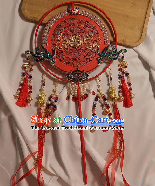 China Classical Dance Cloisonne Phoenix Circular Fan Traditional Wedding Red Silk Fan Handmade Bride Embroidered Palace Fan