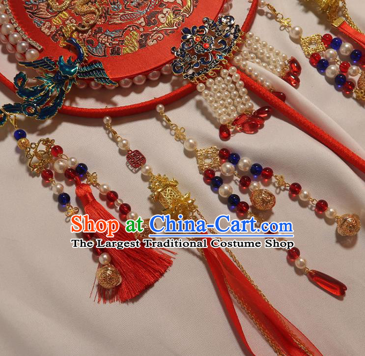 China Classical Dance Cloisonne Phoenix Circular Fan Traditional Wedding Red Silk Fan Handmade Bride Embroidered Palace Fan