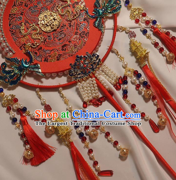 China Classical Dance Cloisonne Phoenix Circular Fan Traditional Wedding Red Silk Fan Handmade Bride Embroidered Palace Fan