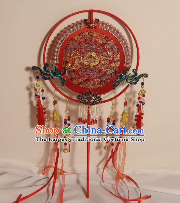 China Classical Dance Cloisonne Phoenix Circular Fan Traditional Wedding Red Silk Fan Handmade Bride Embroidered Palace Fan