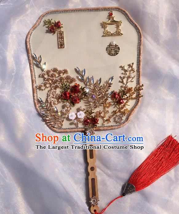 China Handmade Red Pomegranate Palace Fan Classical Hanfu Fan Traditional Wedding Silk Fan