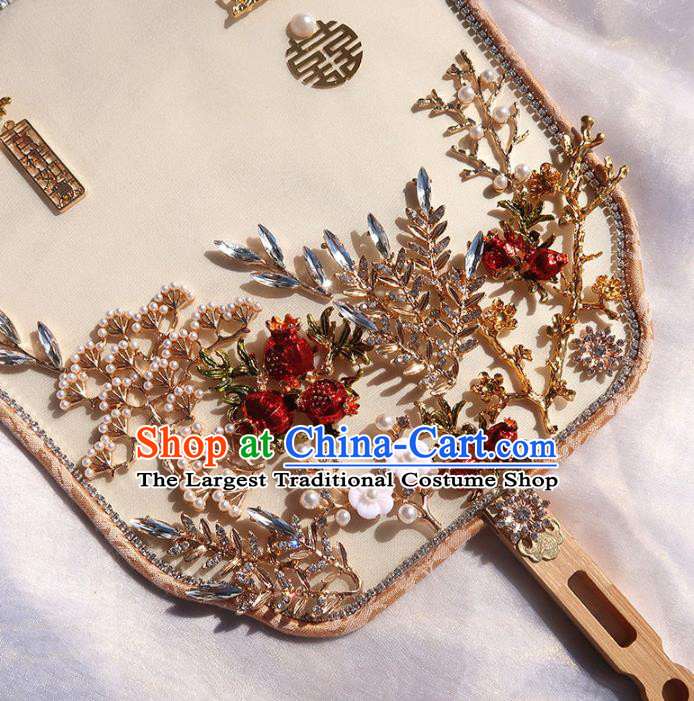China Handmade Red Pomegranate Palace Fan Classical Hanfu Fan Traditional Wedding Silk Fan