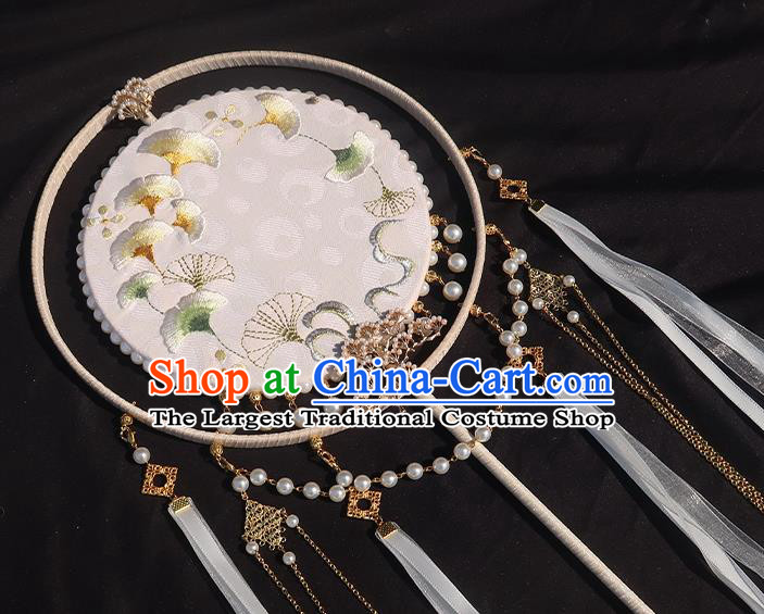 China Handmade Embroidered Ginkgo Palace Fan Classical Hanfu Fan Traditional Wedding White Silk Ribbon Fan