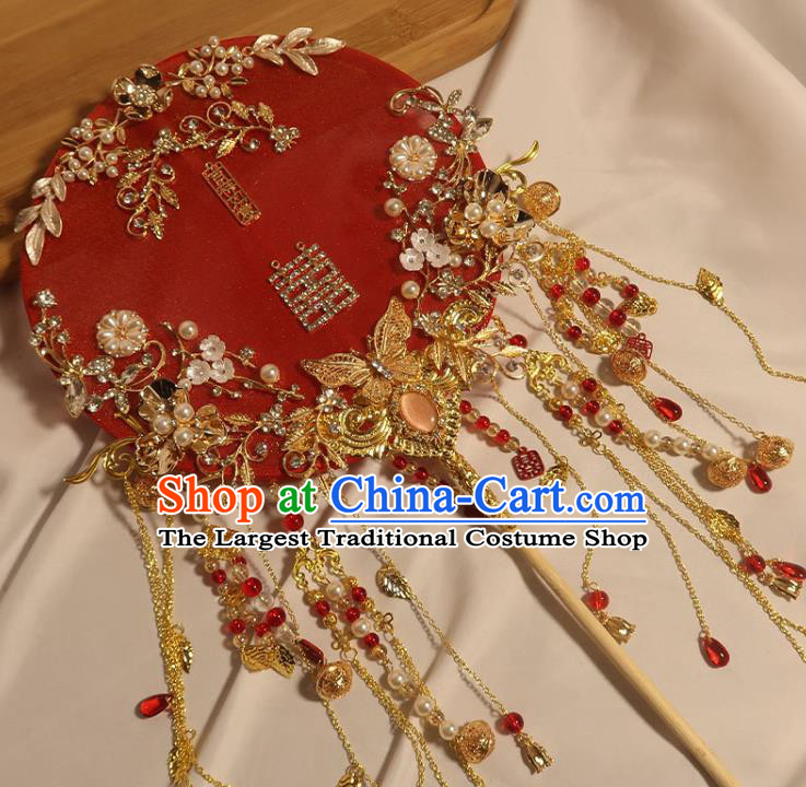 China Handmade Bride Red Silk Palace Fan Classical Dance Circular Fan Traditional Wedding Golden Butterfly Tassel Fan
