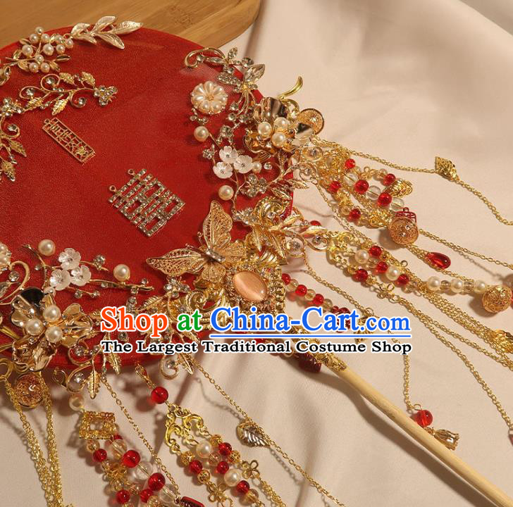 China Handmade Bride Red Silk Palace Fan Classical Dance Circular Fan Traditional Wedding Golden Butterfly Tassel Fan