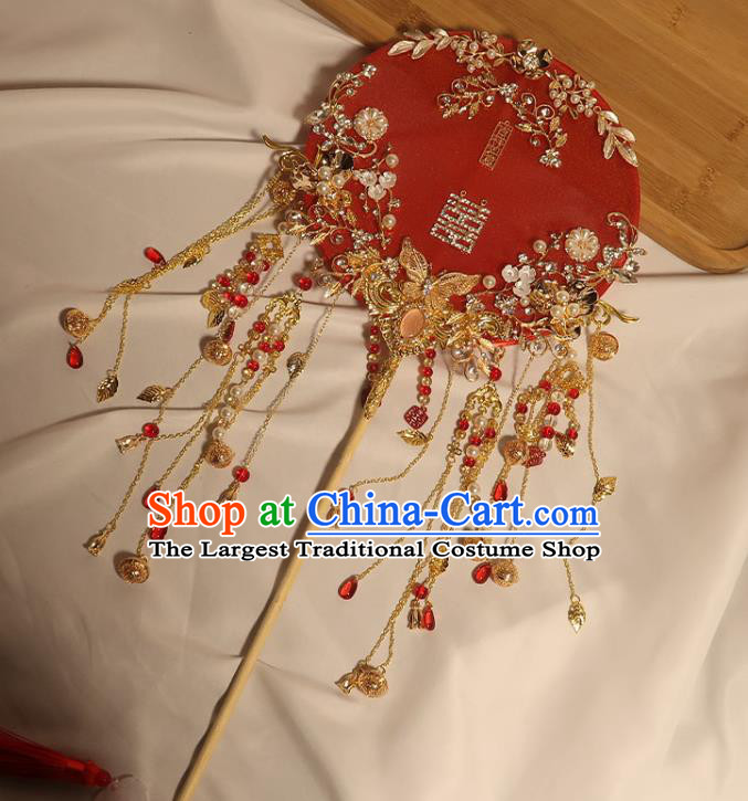 China Handmade Bride Red Silk Palace Fan Classical Dance Circular Fan Traditional Wedding Golden Butterfly Tassel Fan