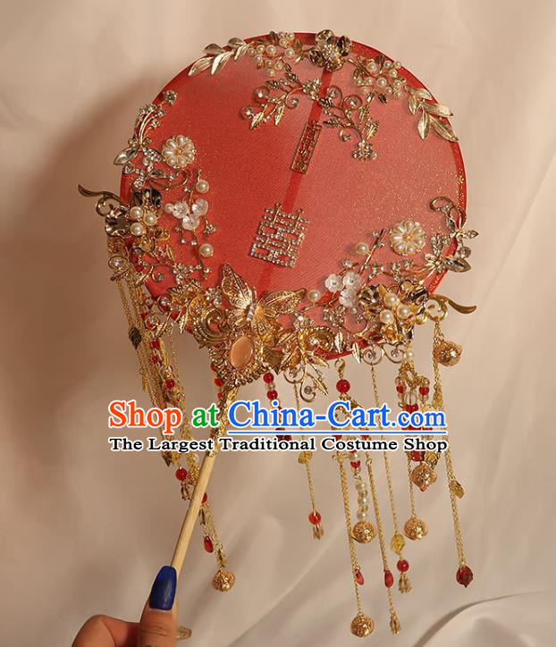 China Handmade Bride Red Silk Palace Fan Classical Dance Circular Fan Traditional Wedding Golden Butterfly Tassel Fan