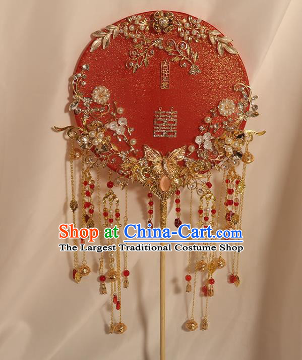 China Handmade Bride Red Silk Palace Fan Classical Dance Circular Fan Traditional Wedding Golden Butterfly Tassel Fan