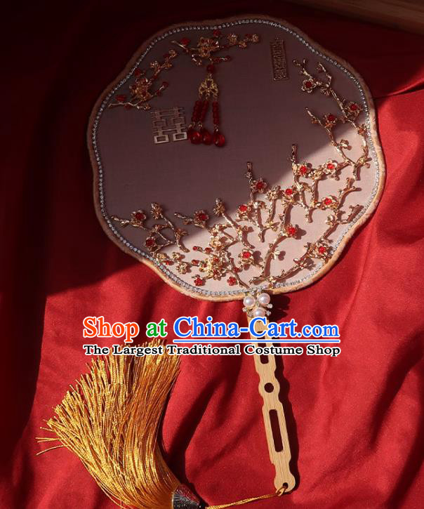 China Traditional Wedding Red Beads Plum Blossom Circular Fan Classical Dance Silk Fan Handmade Bride Palace Fan