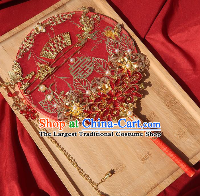 China Classical Dance Red Silk Fan Handmade Bride Palace Fan Traditional Wedding Golden Phoenix Peony Circular Fan