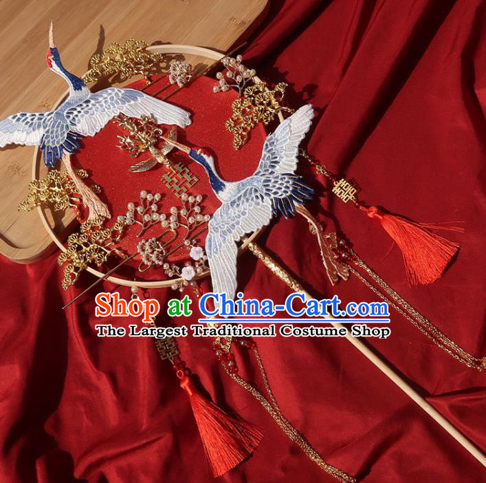 China Handmade Bride Hollowed Palace Fan Classical Dance Fan Traditional Wedding Embroidered Cranes Circular Fan