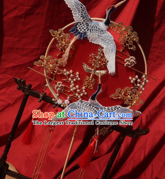 China Handmade Bride Hollowed Palace Fan Classical Dance Fan Traditional Wedding Embroidered Cranes Circular Fan