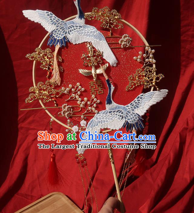 China Handmade Bride Hollowed Palace Fan Classical Dance Fan Traditional Wedding Embroidered Cranes Circular Fan