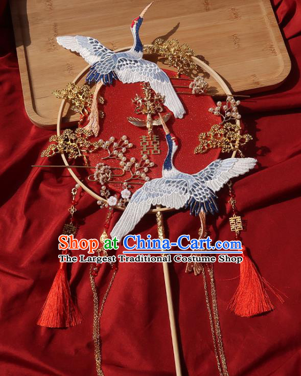 China Handmade Bride Hollowed Palace Fan Classical Dance Fan Traditional Wedding Embroidered Cranes Circular Fan