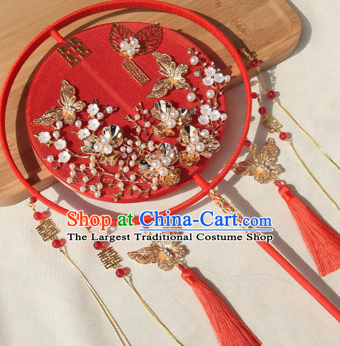 China Bride Silk Palace Fan Traditional Wedding Circular Fan Handmade Hanfu Golden Butterfly Fan