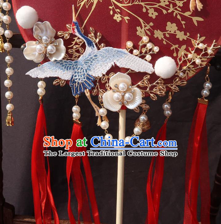 China Bride Red Ribbon Palace Fan Traditional Wedding Circular Fan Handmade Hanfu Bride Fan