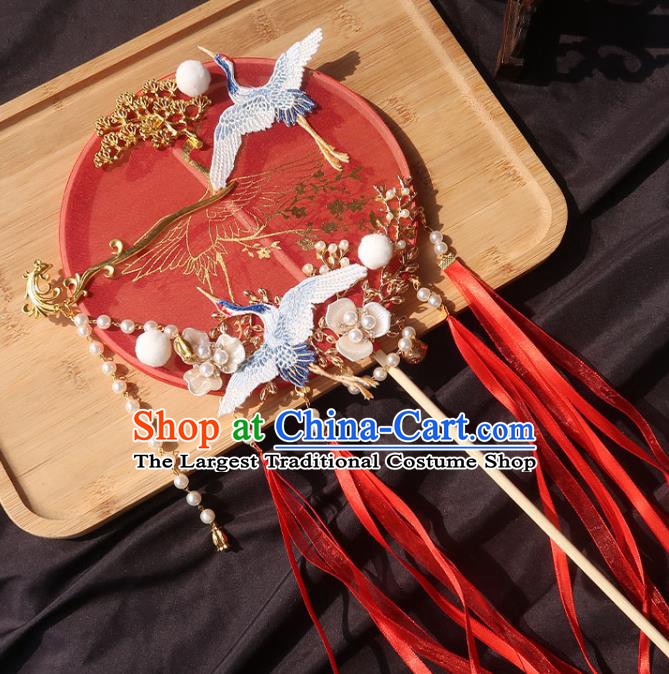 China Bride Red Ribbon Palace Fan Traditional Wedding Circular Fan Handmade Hanfu Bride Fan