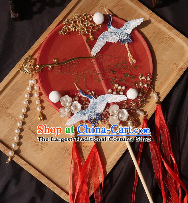 China Bride Red Ribbon Palace Fan Traditional Wedding Circular Fan Handmade Hanfu Bride Fan