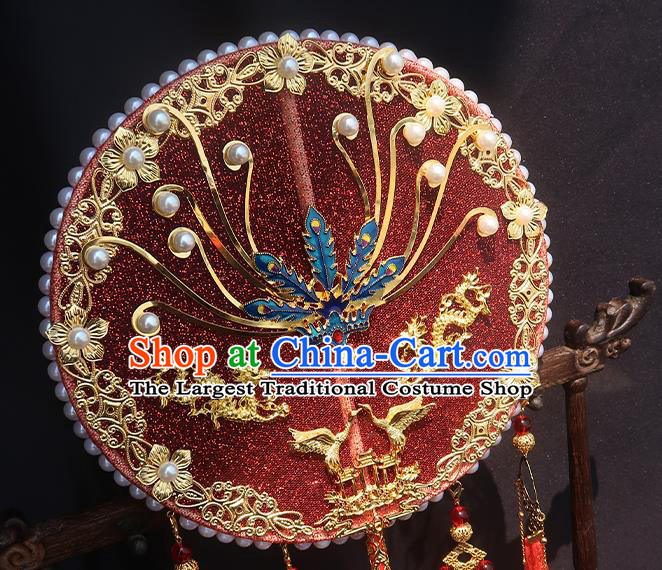 China Traditional Wedding Blueing Phoenix Circular Fan Classical Hanfu Fan Handmade Red Silk Palace Fan