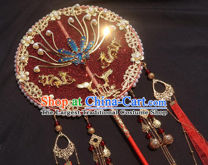 China Traditional Wedding Blueing Phoenix Circular Fan Classical Hanfu Fan Handmade Red Silk Palace Fan