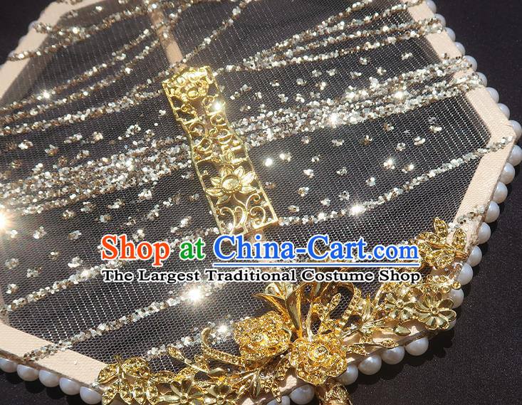 China Handmade Drilling Palace Fan Traditional Hanfu Silk Fan Classical Wedding Octagon Fan