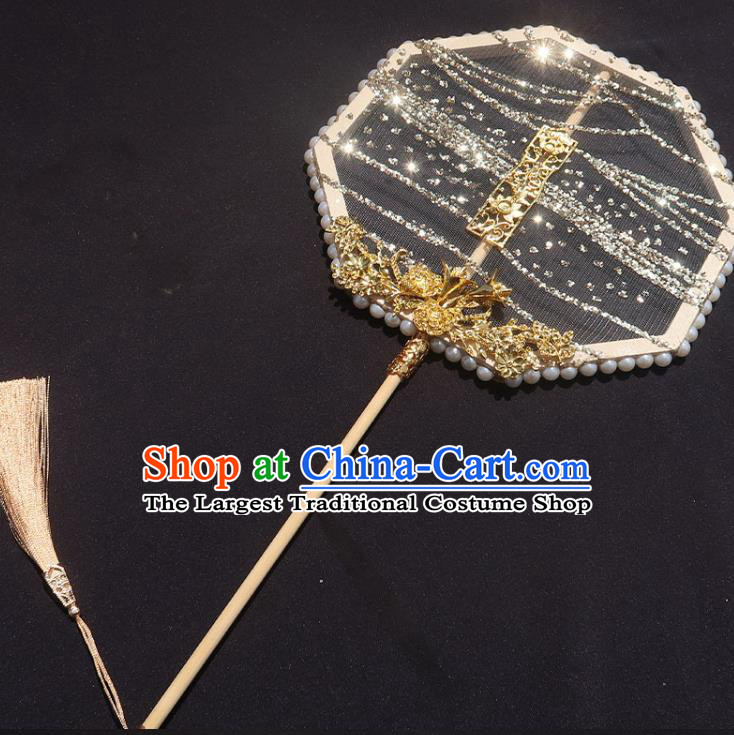 China Handmade Drilling Palace Fan Traditional Hanfu Silk Fan Classical Wedding Octagon Fan