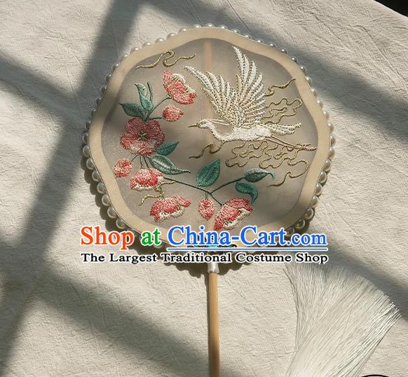 China Handmade Embroidered Peach Blossom Crane Palace Fan Traditional Hanfu Fan Classical Wedding Silk Fan