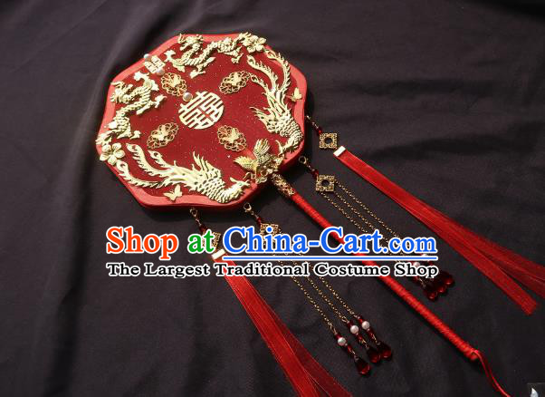 China Classical Wedding Fan Traditional Princess Hanfu Red Silk Fan Handmade Golden Dragon Phoenix Palace Fan