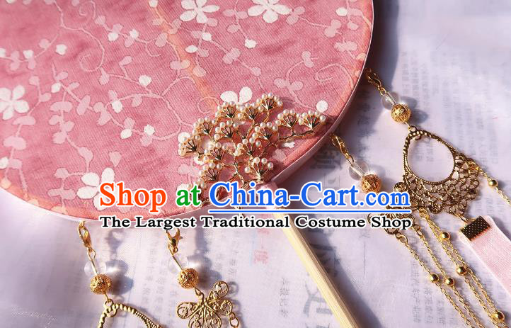 China Classical Wedding Circular Fan Traditional Princess Hanfu Fan Handmade Pink Silk Palace Fan