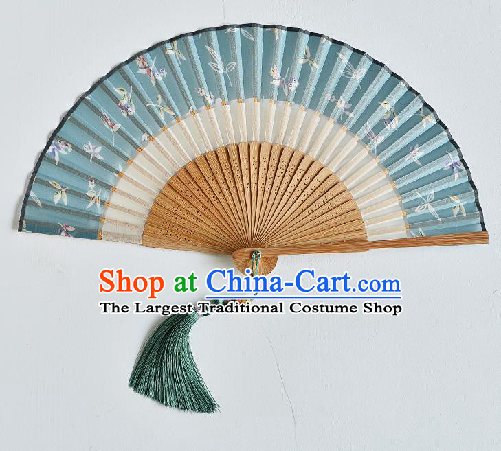 Handmade Chinese Folding Fan Accordion Fan Printing Blue Silk Fans