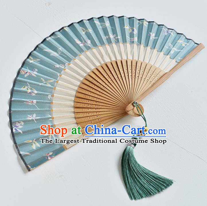Handmade Chinese Folding Fan Accordion Fan Printing Blue Silk Fans