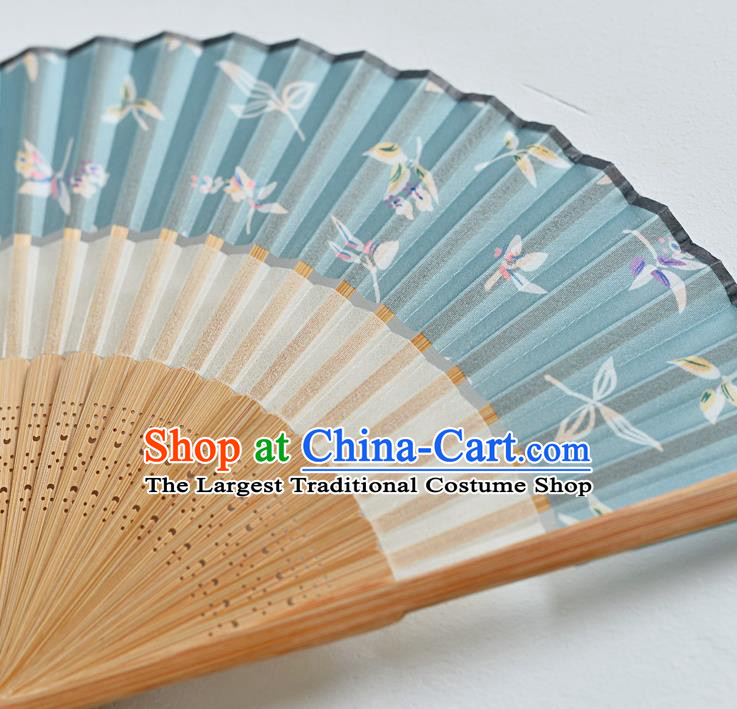 Handmade Chinese Folding Fan Accordion Fan Printing Blue Silk Fans