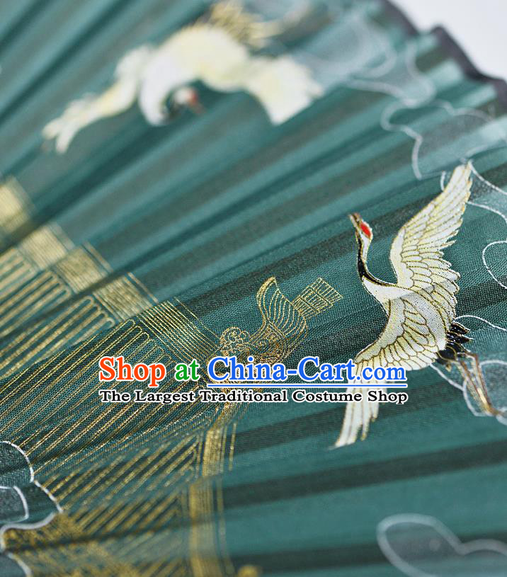 Handmade Chinese Printing Cranes Folding Fan Accordion Fan Green Silk Fans